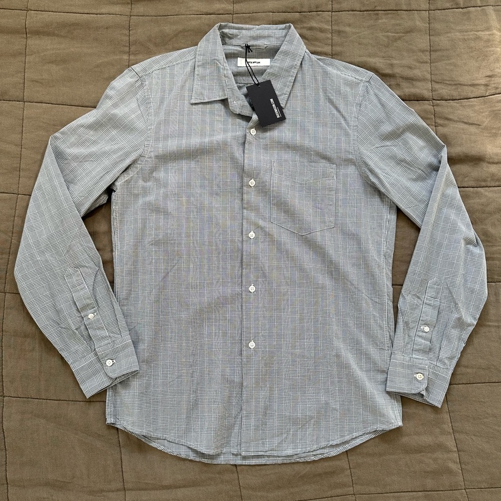 Medium Buck Mason Slate/Natural Glen Plaid Long Sleeve Wornwell Shirt